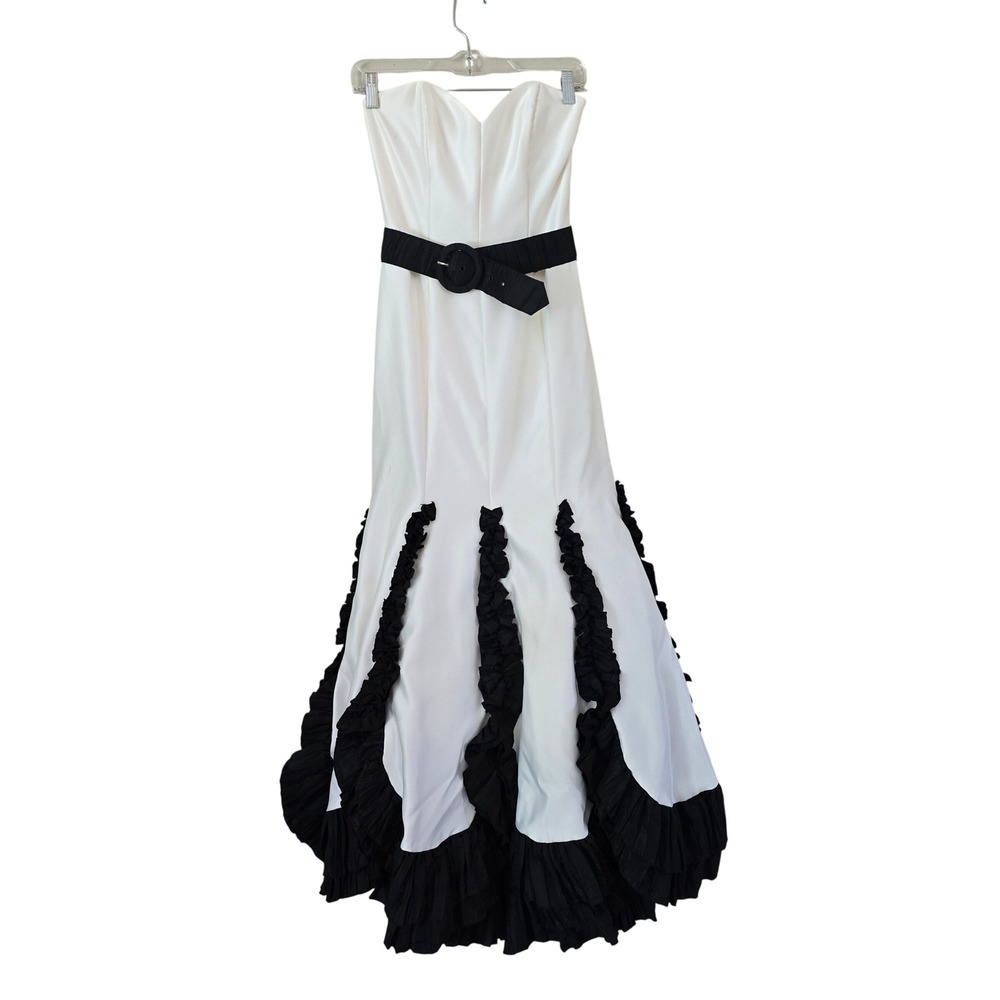 Jessica McClintock Strapless Mermaid Gown Black White Ruffle Dress 4 52698-02